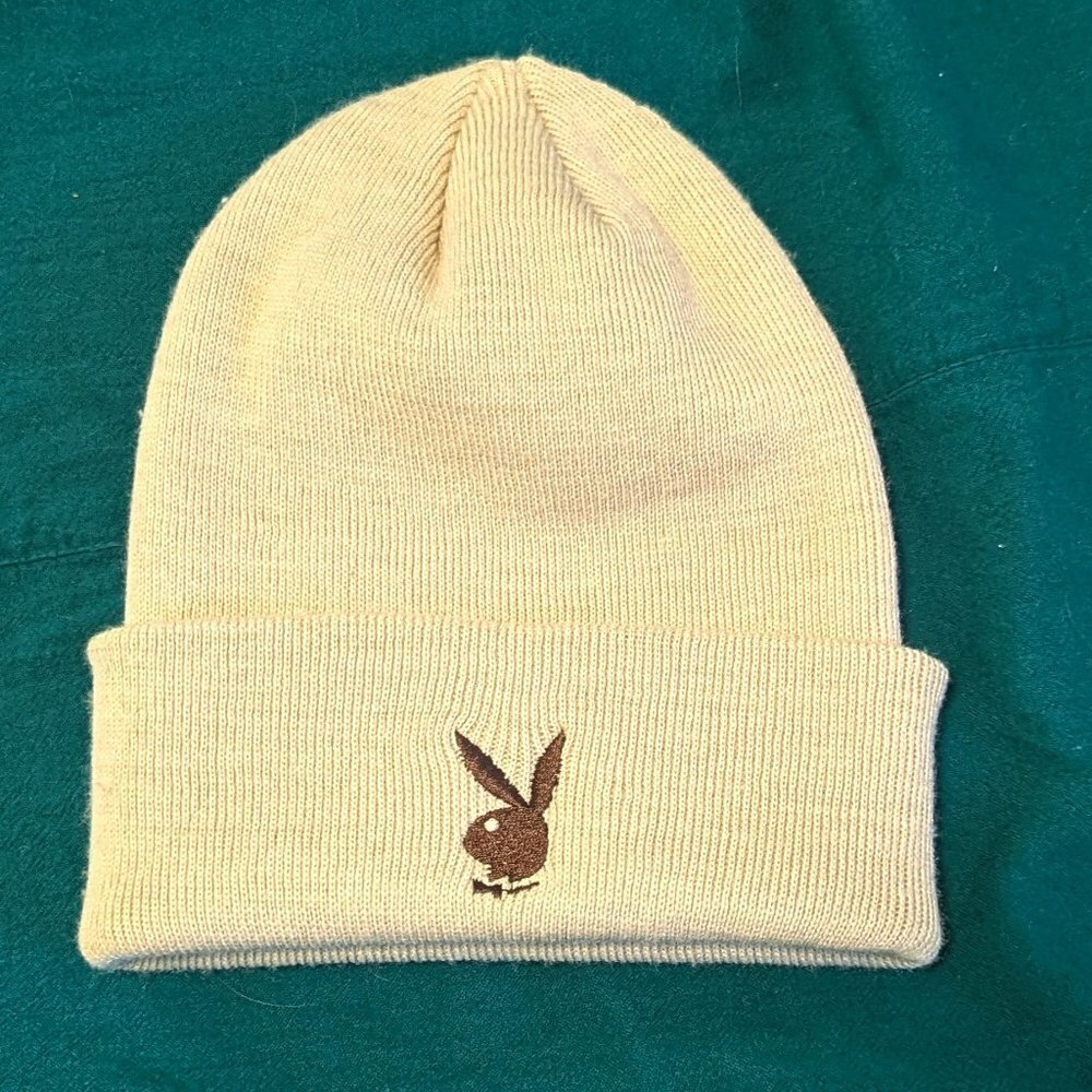 Vintage Playboy Knit Beanie Hat Logo Cuff Beige Tan Brown Unisex - Picture 3 of 4